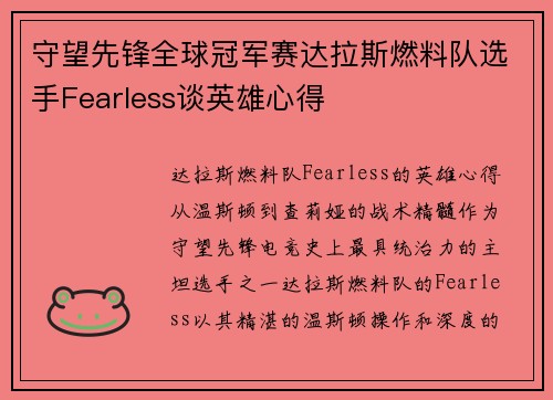 守望先锋全球冠军赛达拉斯燃料队选手Fearless谈英雄心得